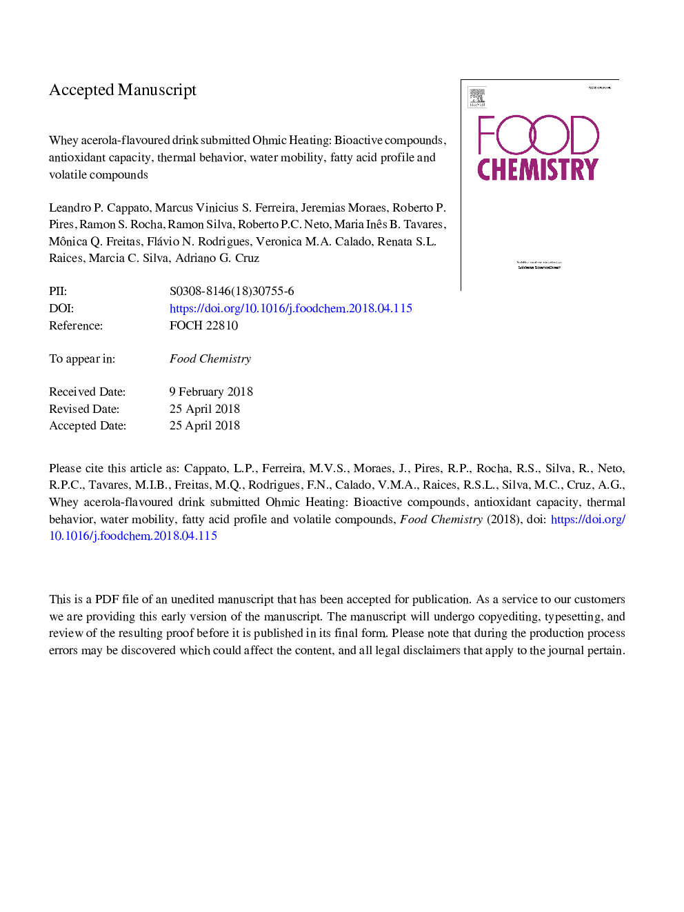 عکس صفحه اول مقاله: Whey acerola-flavoured drink submitted Ohmic Heating: Bioactive compounds, antioxidant capacity, thermal behavior, water mobility, fatty acid profile and volatile compounds Whey acerola-flavoured drink submitted Ohmic Heating: Bioactive compounds, antioxidant capacity, thermal behavior, water mobility, fatty acid profile and volatile compounds