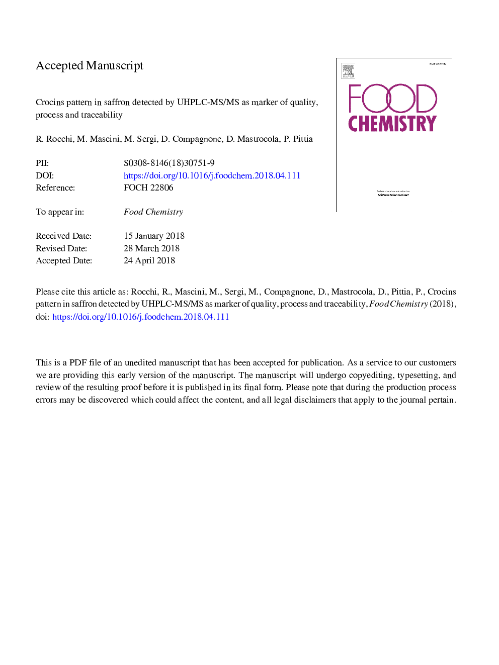 Crocins pattern in saffron detected by UHPLC-MS/MS as marker of quality, process and traceability