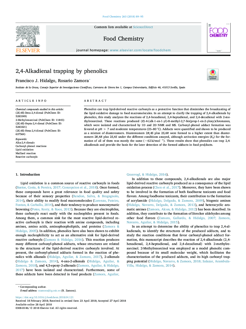 2,4-Alkadienal trapping by phenolics