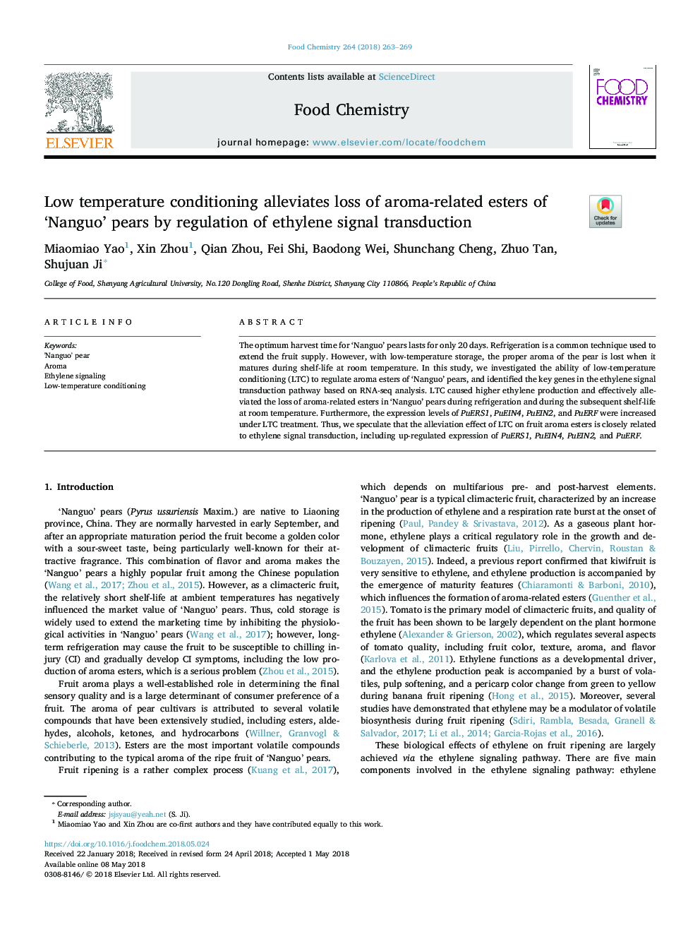 Low temperature conditioning alleviates loss of aroma-related esters of 'Nanguo' pears by regulation of ethylene signal transduction