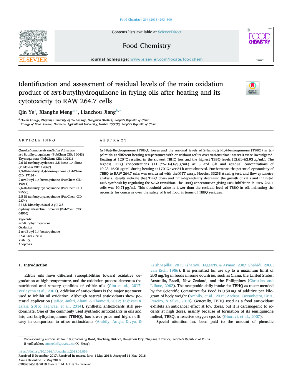 Identification and assessment of residual levels of the main oxidation product of tert-butylhydroquinone in frying oils after heating and its cytotoxicity to RAW 264.7 cells