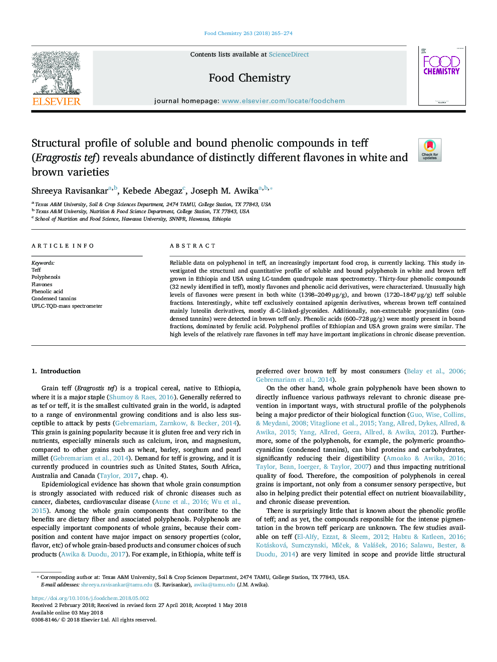 Structural profile of soluble and bound phenolic compounds in teff (Eragrostis tef) reveals abundance of distinctly different flavones in white and brown varieties