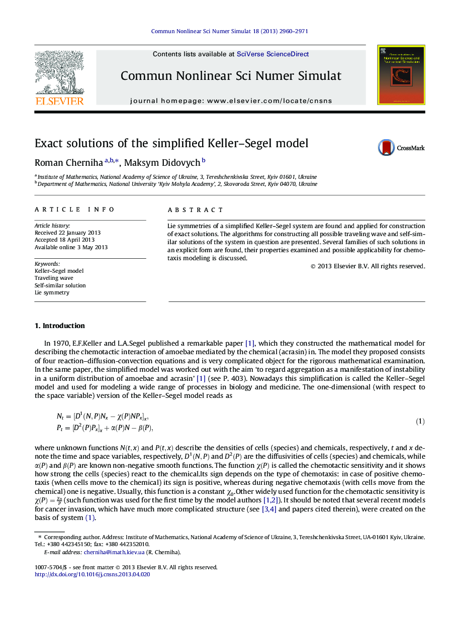 Exact solutions of the simplified Keller–Segel model