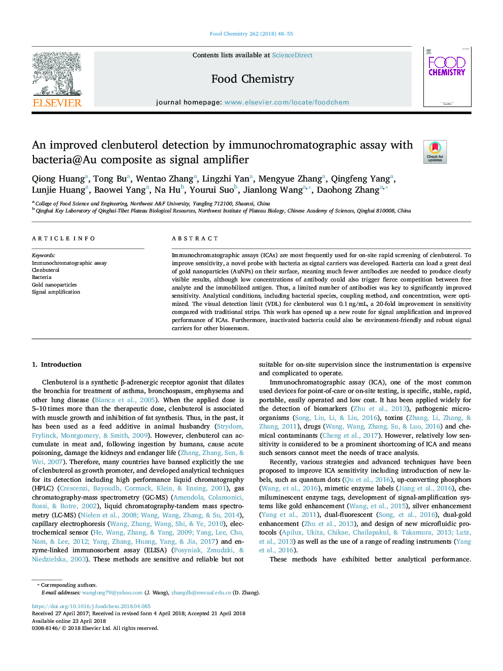 An improved clenbuterol detection by immunochromatographic assay with bacteria@Au composite as signal amplifier