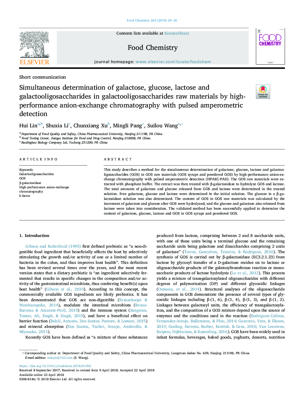 Simultaneous determination of galactose, glucose, lactose and galactooligosaccharides in galactooligosaccharides raw materials by high-performance anion-exchange chromatography with pulsed amperometric detection