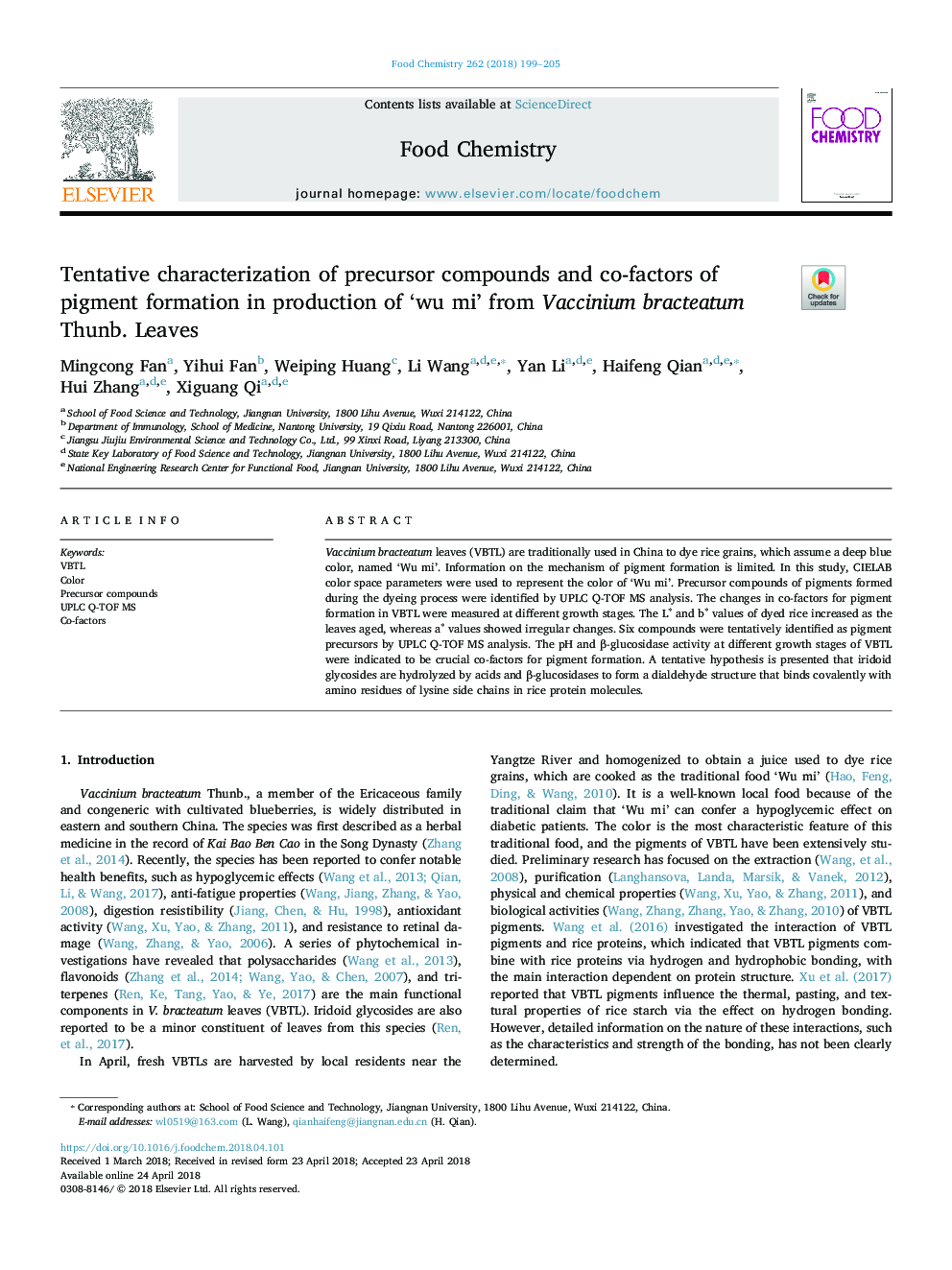 Tentative characterization of precursor compounds and co-factors of pigment formation in production of 'wu mi' from Vaccinium bracteatum Thunb. Leaves