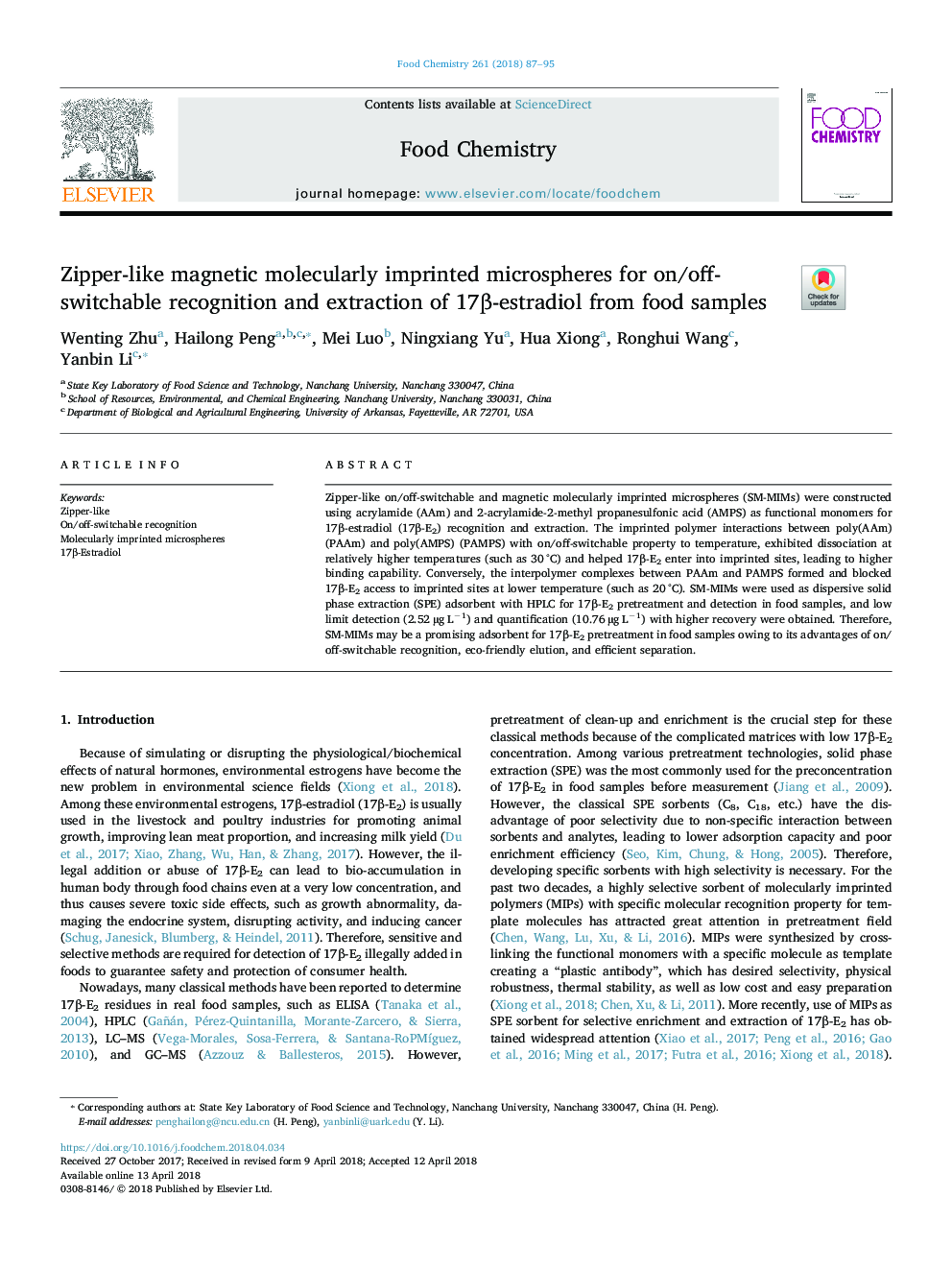 Zipper-like magnetic molecularly imprinted microspheres for on/off-switchable recognition and extraction of 17Î²-estradiol from food samples