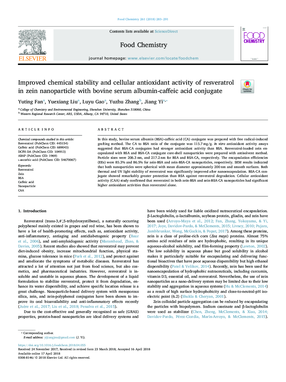 Improved chemical stability and cellular antioxidant activity of resveratrol in zein nanoparticle with bovine serum albumin-caffeic acid conjugate