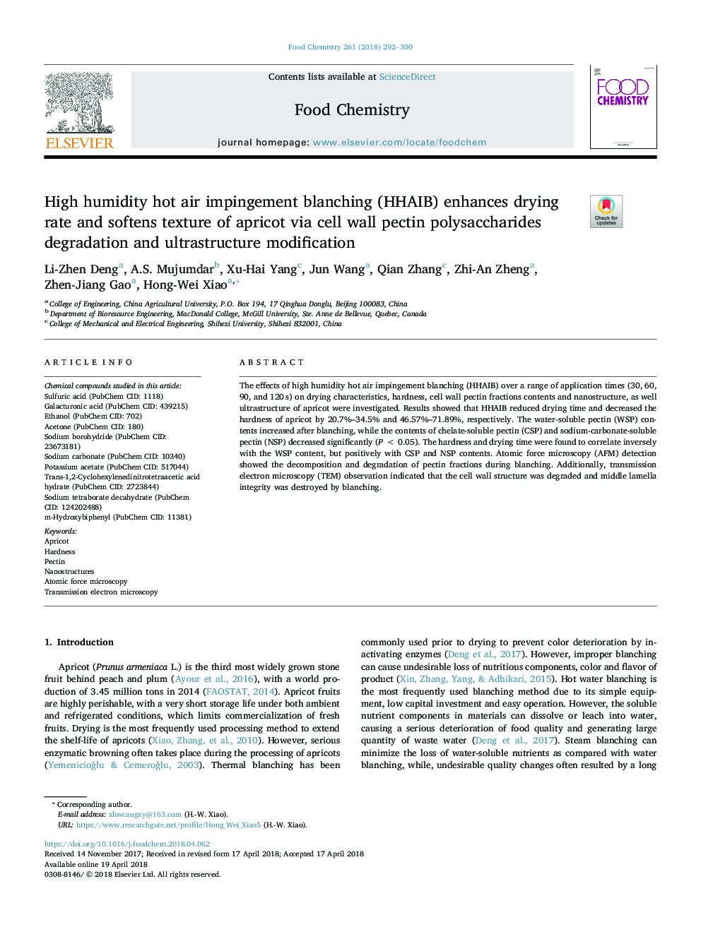 عکس صفحه اول مقاله: High humidity hot air impingement blanching (HHAIB) enhances drying rate and softens texture of apricot via cell wall pectin polysaccharides degradation and ultrastructure modification High humidity hot air impingement blanching (HHAIB) enhances drying rate and softens texture of apricot via cell wall pectin polysaccharides degradation and ultrastructure modification