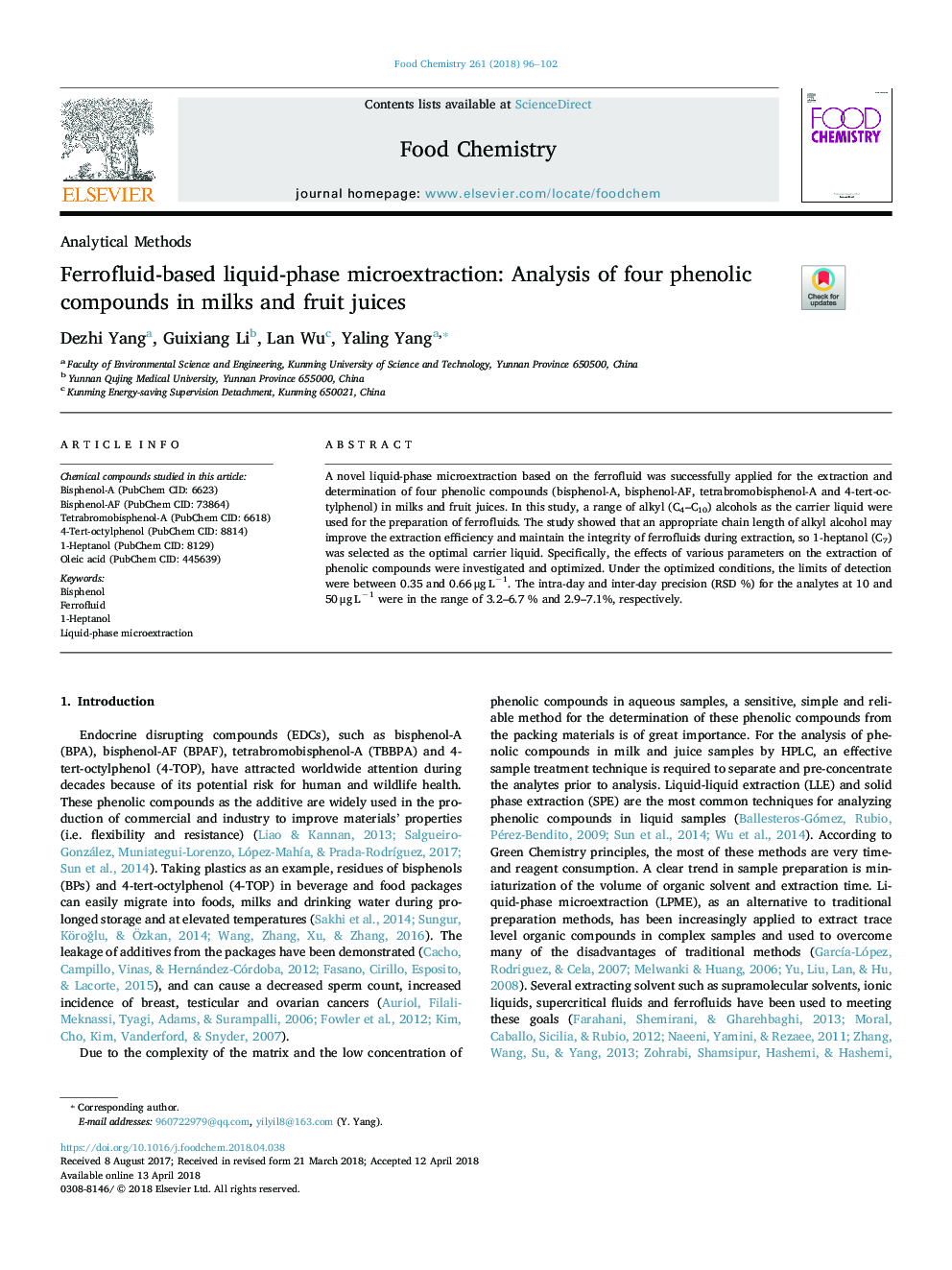 عکس صفحه اول مقاله: Ferrofluid-based liquid-phase microextraction: Analysis of four phenolic compounds in milks and fruit juices Ferrofluid-based liquid-phase microextraction: Analysis of four phenolic compounds in milks and fruit juices