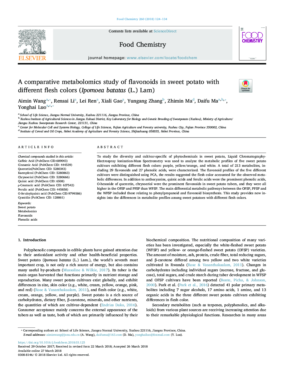 A comparative metabolomics study of flavonoids in sweet potato with different flesh colors (Ipomoea batatas (L.) Lam)