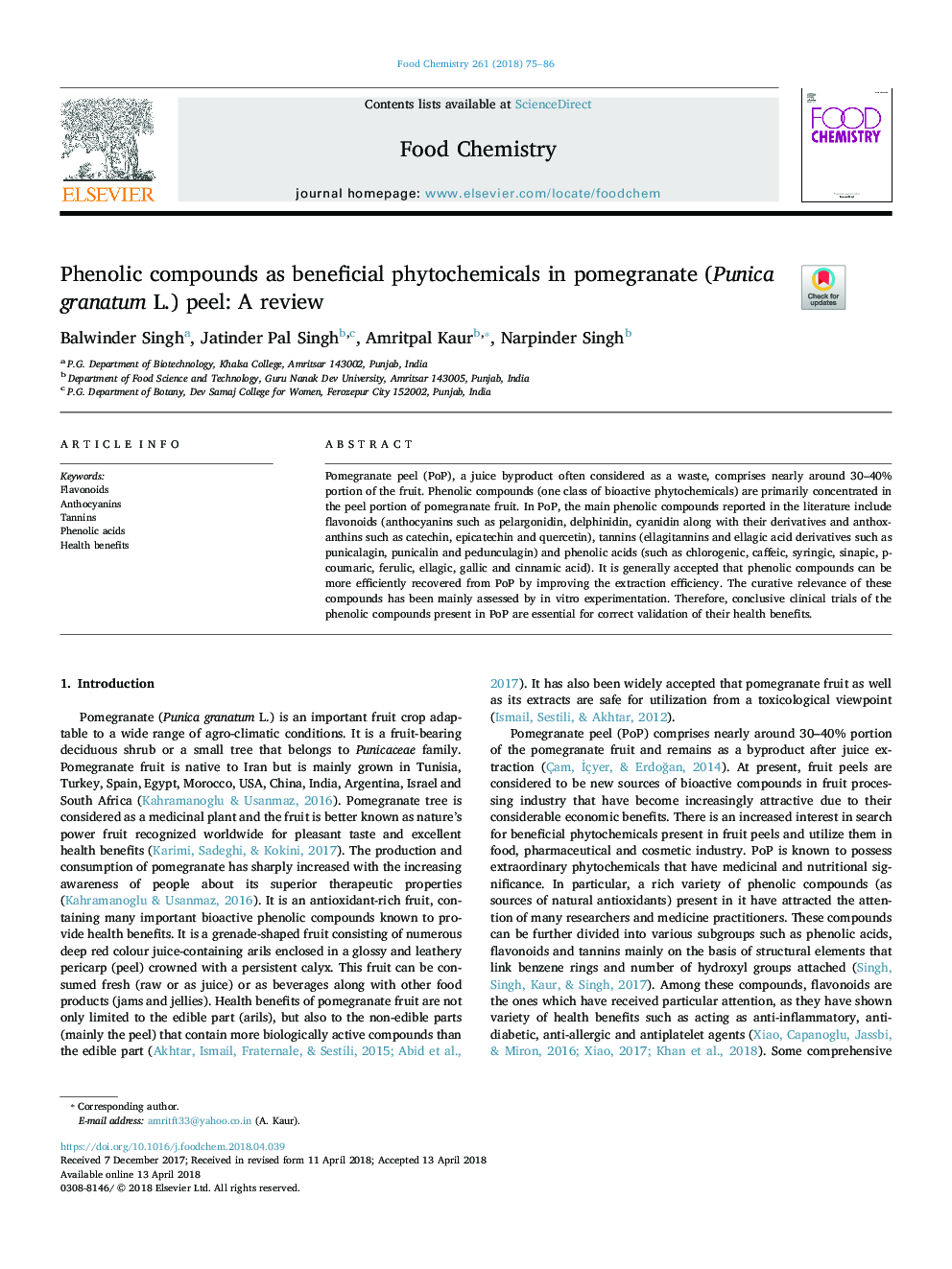 عکس صفحه اول مقاله: Phenolic compounds as beneficial phytochemicals in pomegranate (Punica granatum L.) peel: A review Phenolic compounds as beneficial phytochemicals in pomegranate (Punica granatum L.) peel: A review