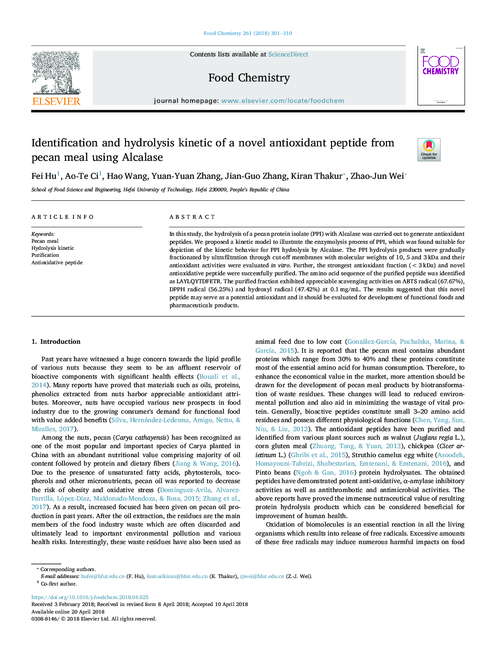 Identification and hydrolysis kinetic of a novel antioxidant peptide from pecan meal using Alcalase