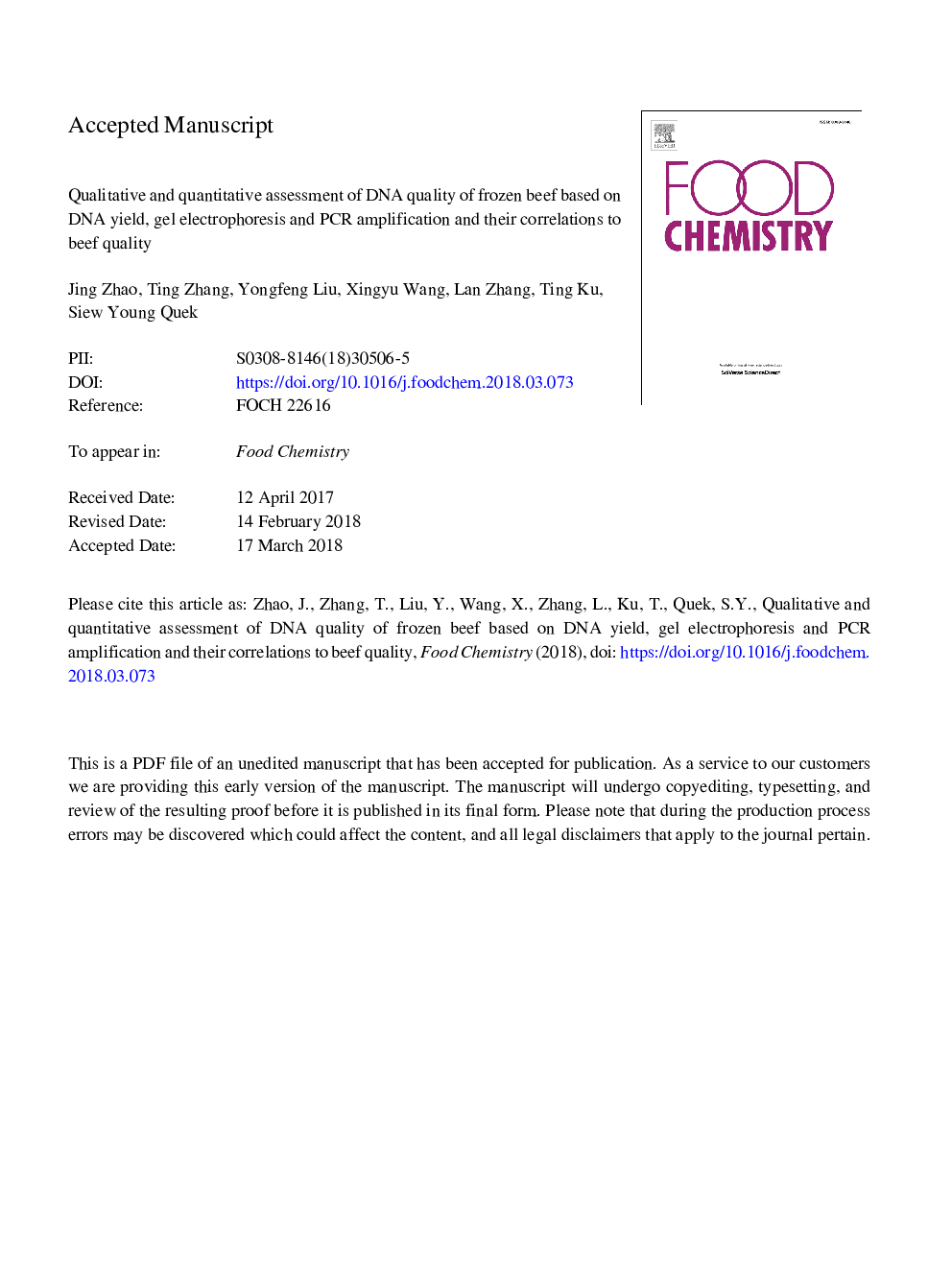 عکس صفحه اول مقاله: Qualitative and quantitative assessment of DNA quality of frozen beef based on DNA yield, gel electrophoresis and PCR amplification and their correlations to beef quality Qualitative and quantitative assessment of DNA quality of frozen beef based on DNA yield, gel electrophoresis and PCR amplification and their correlations to beef quality
