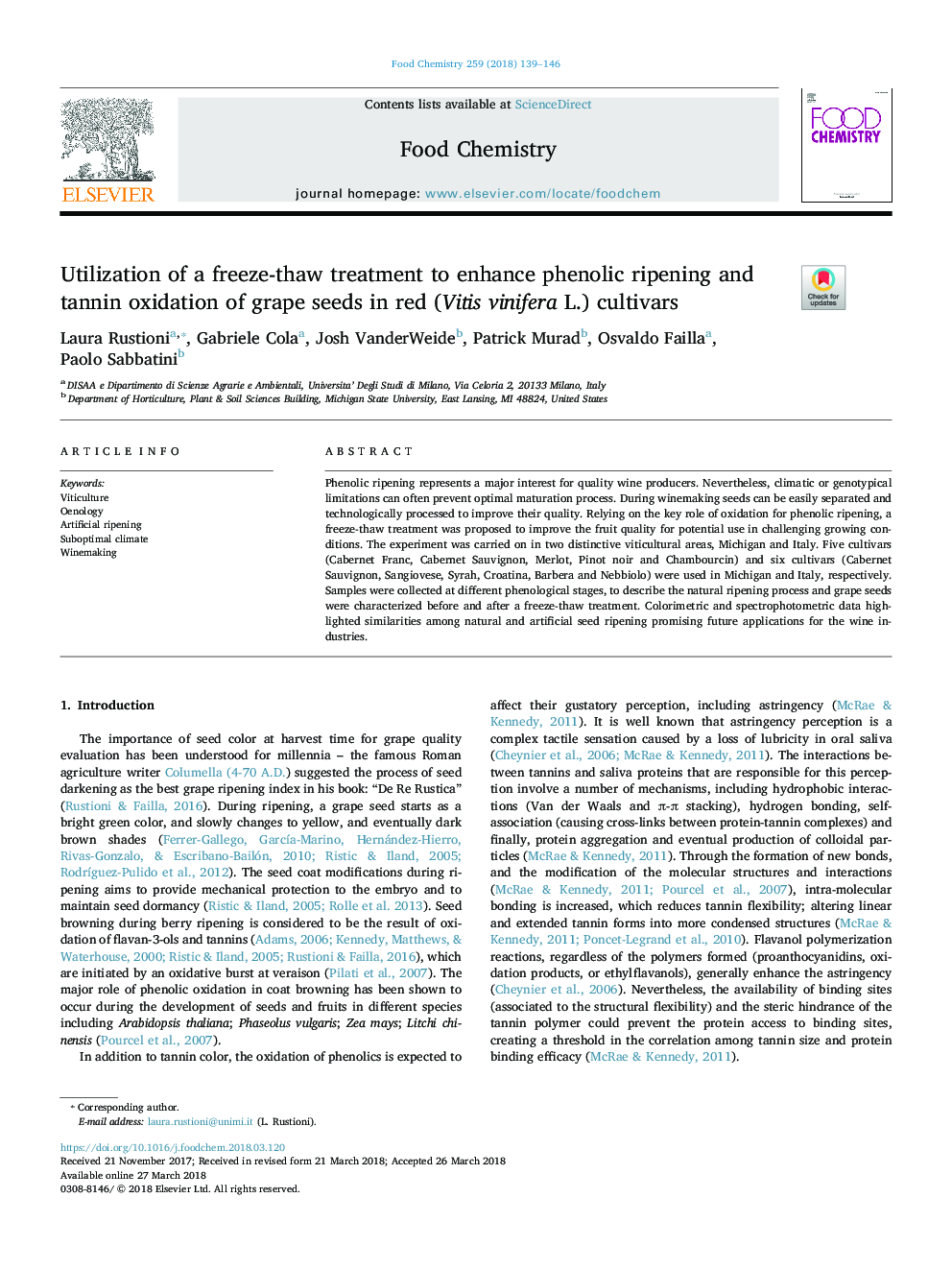 Utilization of a freeze-thaw treatment to enhance phenolic ripening and tannin oxidation of grape seeds in red (Vitis vinifera L.) cultivars