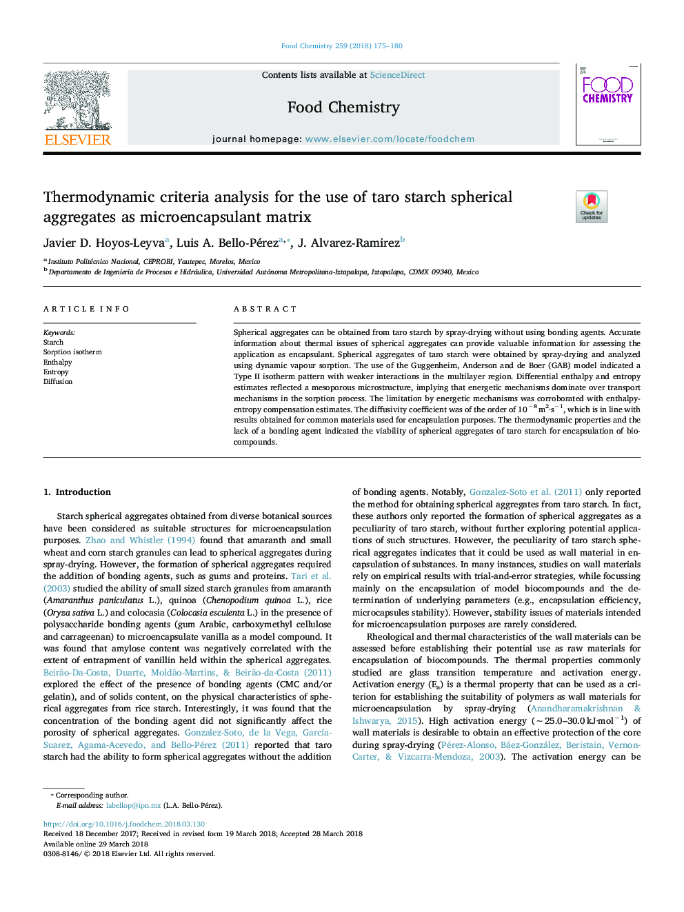 Thermodynamic criteria analysis for the use of taro starch spherical aggregates as microencapsulant matrix