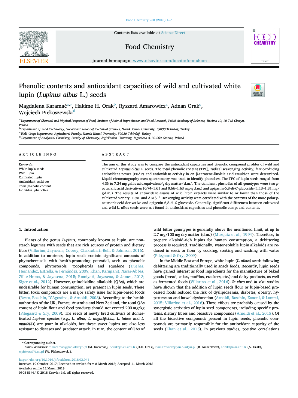 Phenolic contents and antioxidant capacities of wild and cultivated white lupin (Lupinus albus L.) seeds