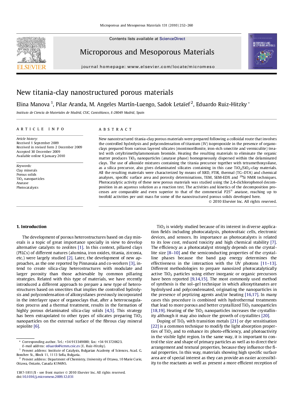 New titania-clay nanostructured porous materials