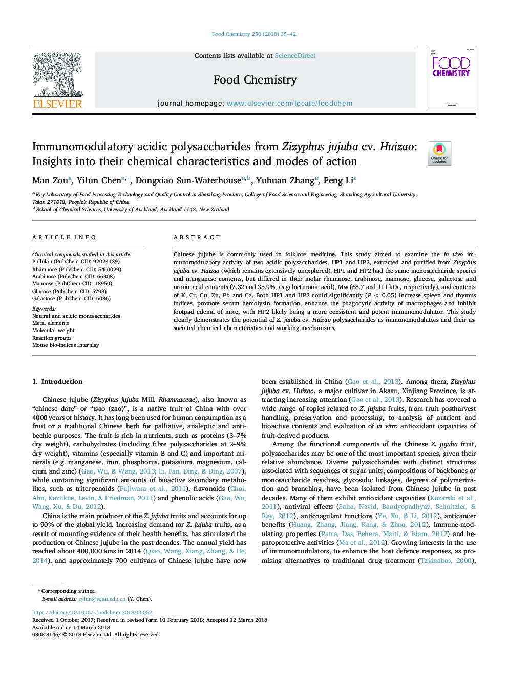 Immunomodulatory acidic polysaccharides from Zizyphus jujuba cv. Huizao: Insights into their chemical characteristics and modes of action