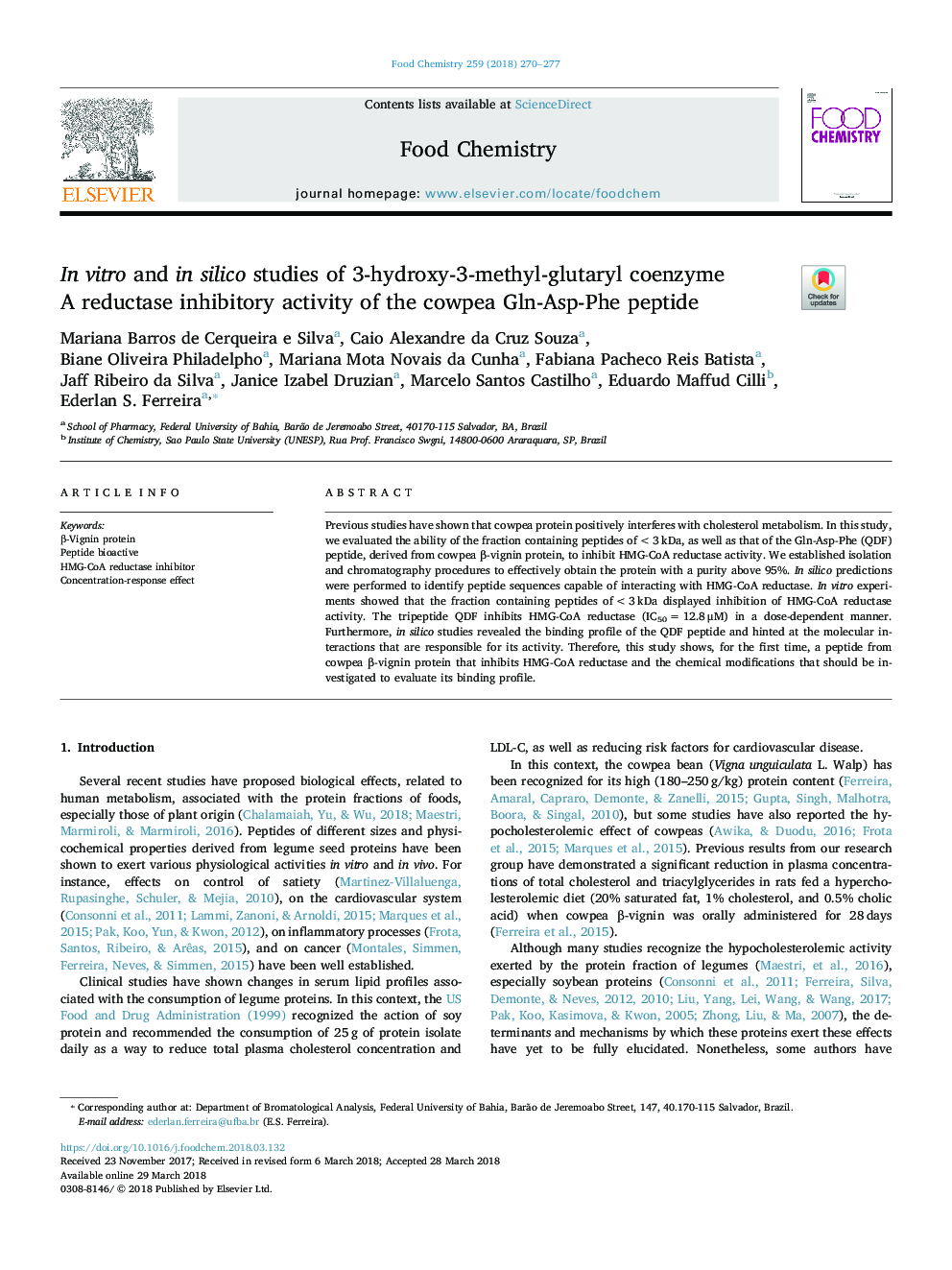 عکس صفحه اول مقاله: In vitro and in silico studies of 3-hydroxy-3-methyl-glutaryl coenzyme A reductase inhibitory activity of the cowpea Gln-Asp-Phe peptide In vitro and in silico studies of 3-hydroxy-3-methyl-glutaryl coenzyme A reductase inhibitory activity of the cowpea Gln-Asp-Phe peptide