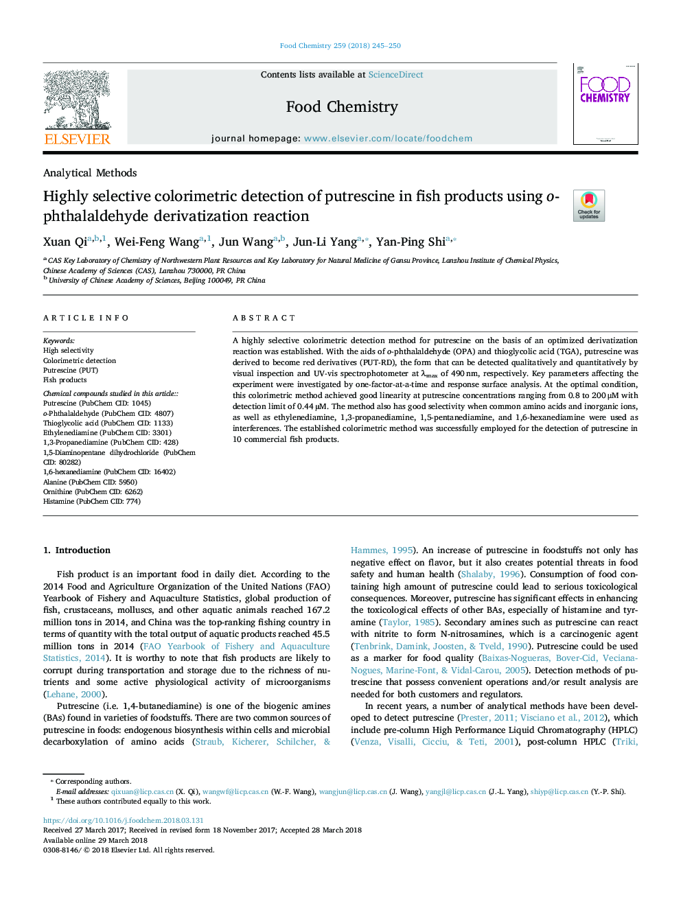 Highly selective colorimetric detection of putrescine in fish products using o-phthalaldehyde derivatization reaction