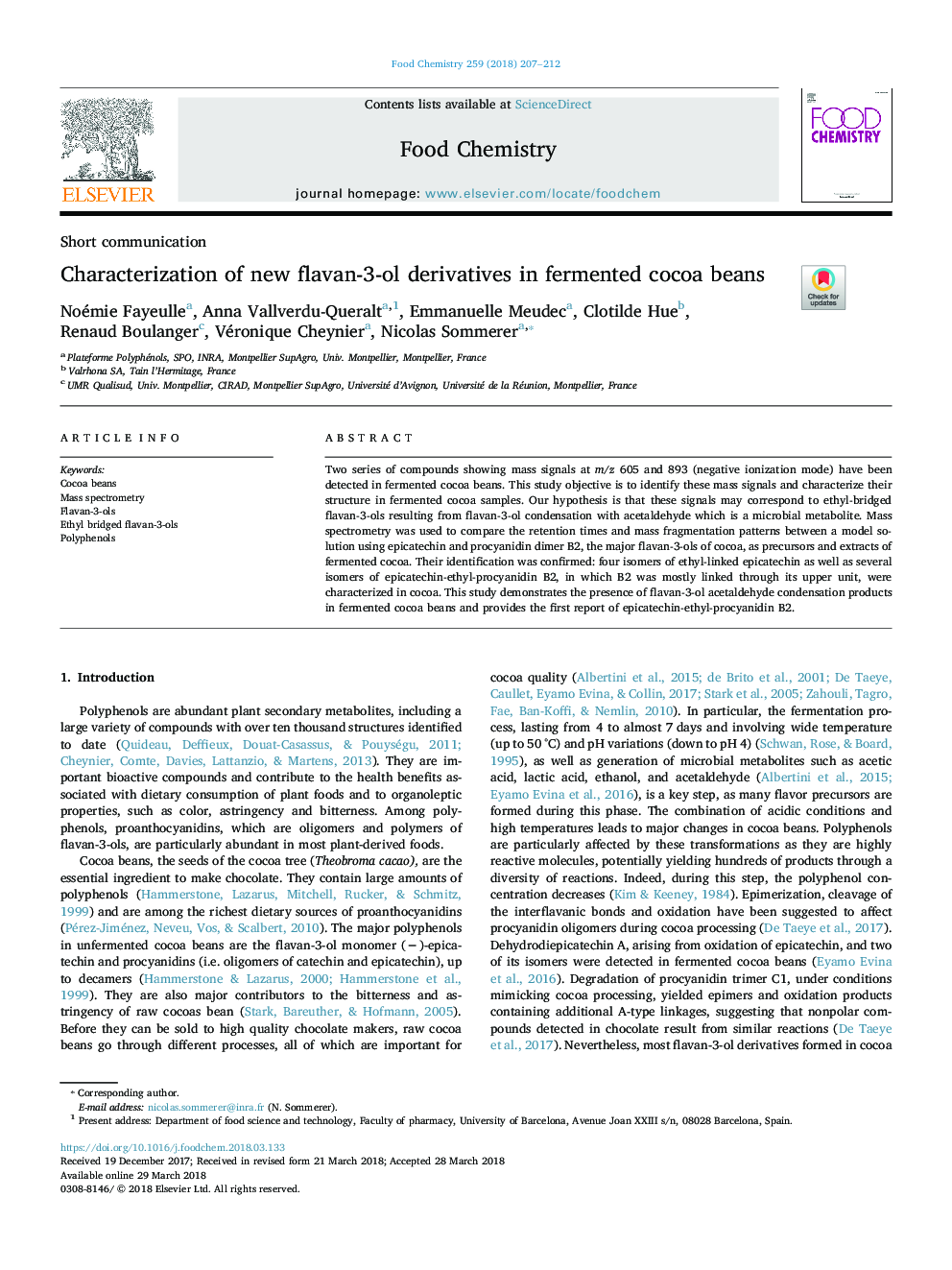 Characterization of new flavan-3-ol derivatives in fermented cocoa beans