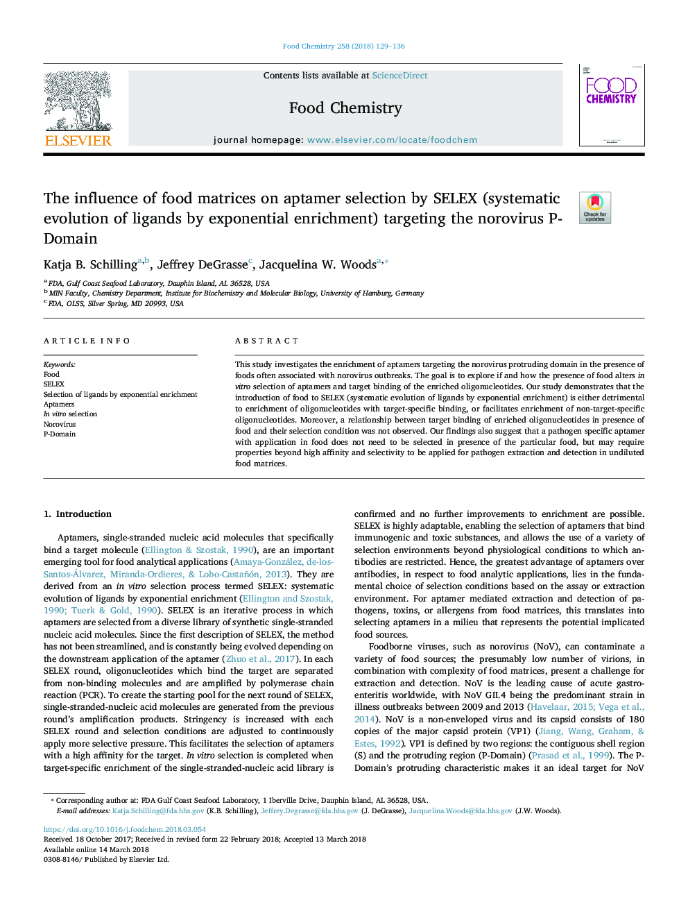 The influence of food matrices on aptamer selection by SELEX (systematic evolution of ligands by exponential enrichment) targeting the norovirus P-Domain