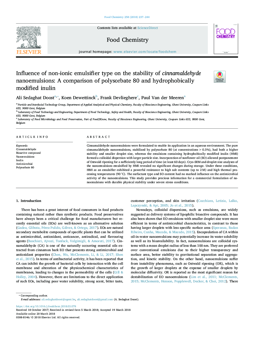 تأثیر نوع امولسیفایر غیر یونی بر پایداری نانو امولسیونهای سینامالدئید: مقایسۀ پلی واربات 80 و انولین اصلاح شده با هیدروفوب 