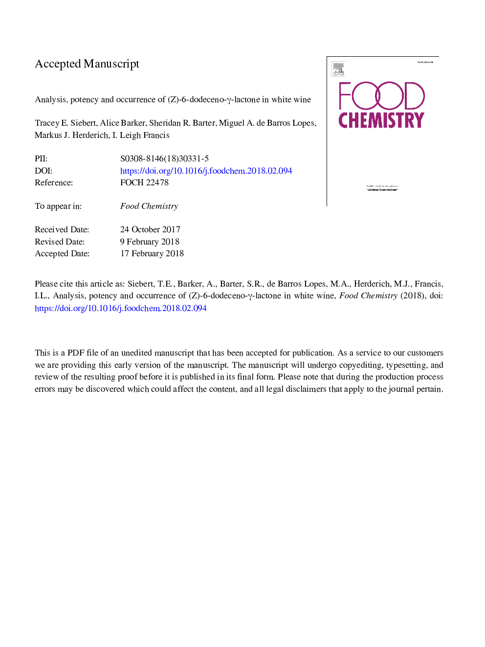 Analysis, potency and occurrence of (Z)-6-dodeceno-Î³-lactone in white wine