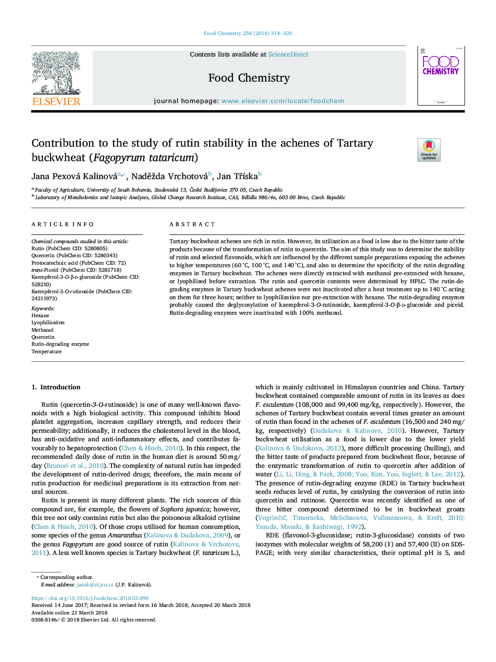 Contribution to the study of rutin stability in the achenes of Tartary buckwheat (Fagopyrum tataricum)