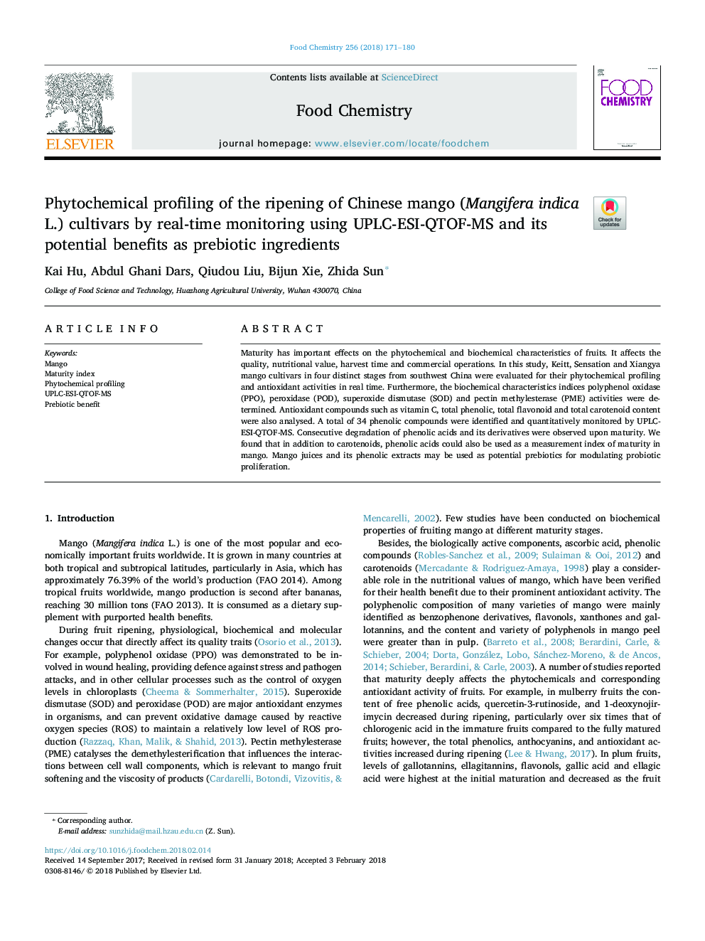 Phytochemical profiling of the ripening of Chinese mango (Mangifera indica L.) cultivars by real-time monitoring using UPLC-ESI-QTOF-MS and its potential benefits as prebiotic ingredients