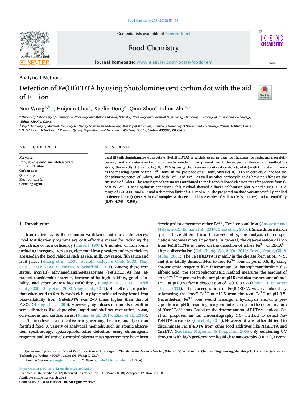 Detection of Fe(III)EDTA by using photoluminescent carbon dot with the aid of Fâ ion