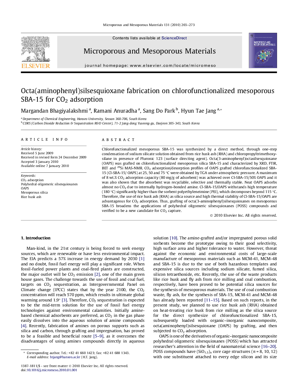 Octa(aminophenyl)silsesquioxane fabrication on chlorofunctionalized mesoporous SBA-15 for CO2 adsorption