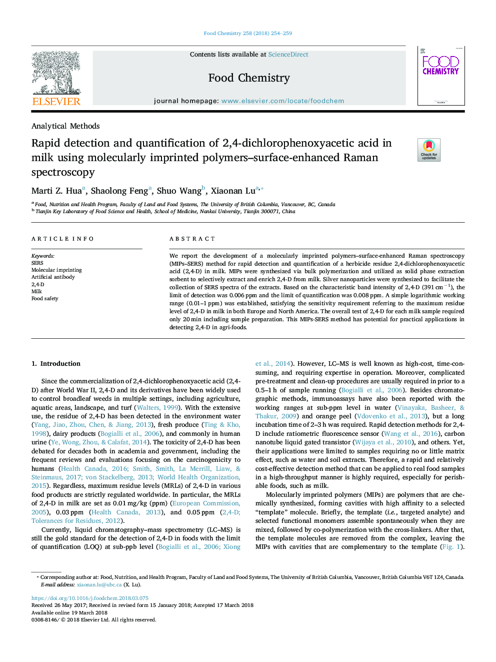 عکس صفحه اول مقاله: Rapid detection and quantification of 2,4-dichlorophenoxyacetic acid in milk using molecularly imprinted polymers-surface-enhanced Raman spectroscopy Rapid detection and quantification of 2,4-dichlorophenoxyacetic acid in milk using molecularly imprinted polymers-surface-enhanced Raman spectroscopy