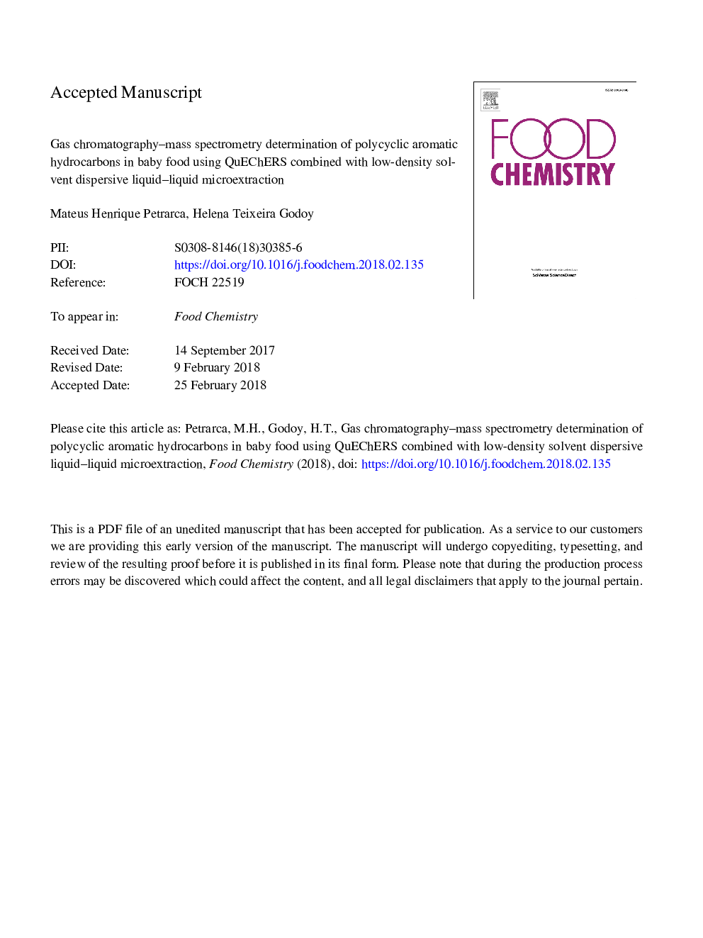 Gas chromatography-mass spectrometry determination of polycyclic aromatic hydrocarbons in baby food using QuEChERS combined with low-density solvent dispersive liquid-liquid microextraction