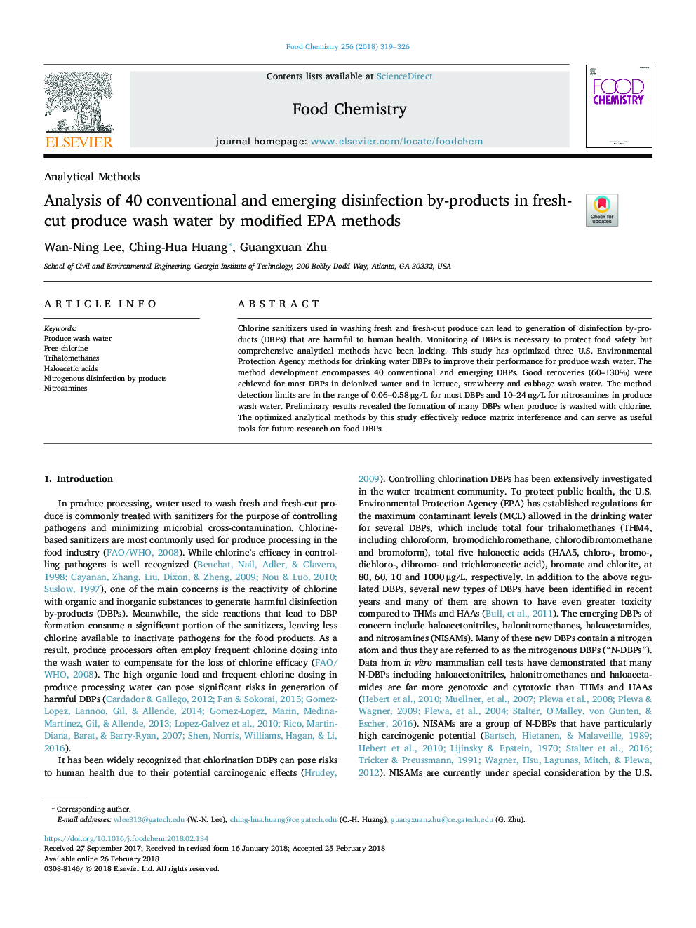 Analysis of 40 conventional and emerging disinfection by-products in fresh-cut produce wash water by modified EPA methods