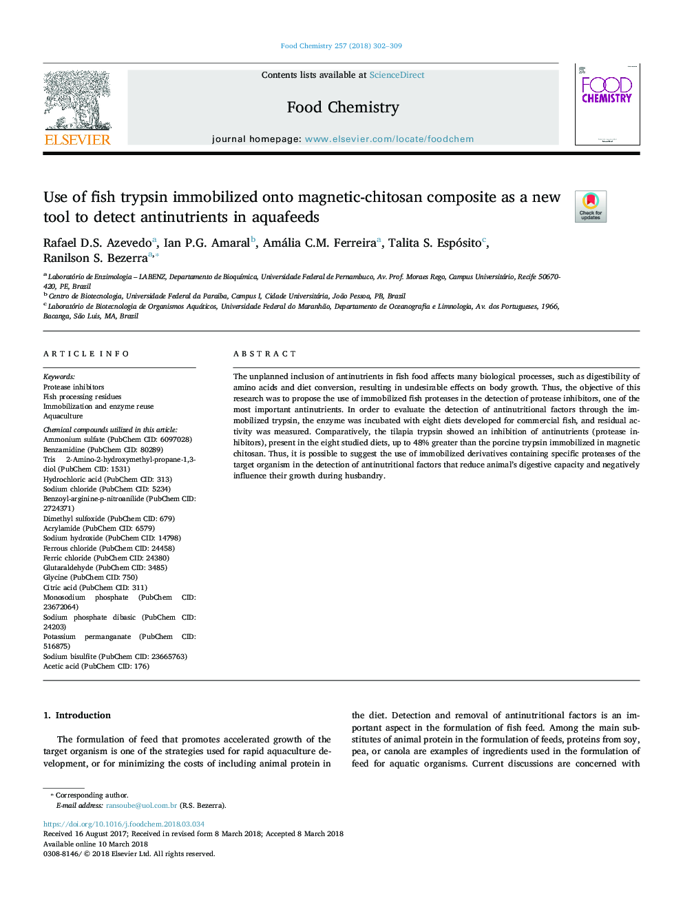 Use of fish trypsin immobilized onto magnetic-chitosan composite as a new tool to detect antinutrients in aquafeeds