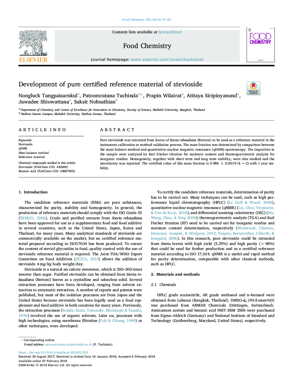 Development of pure certified reference material of stevioside