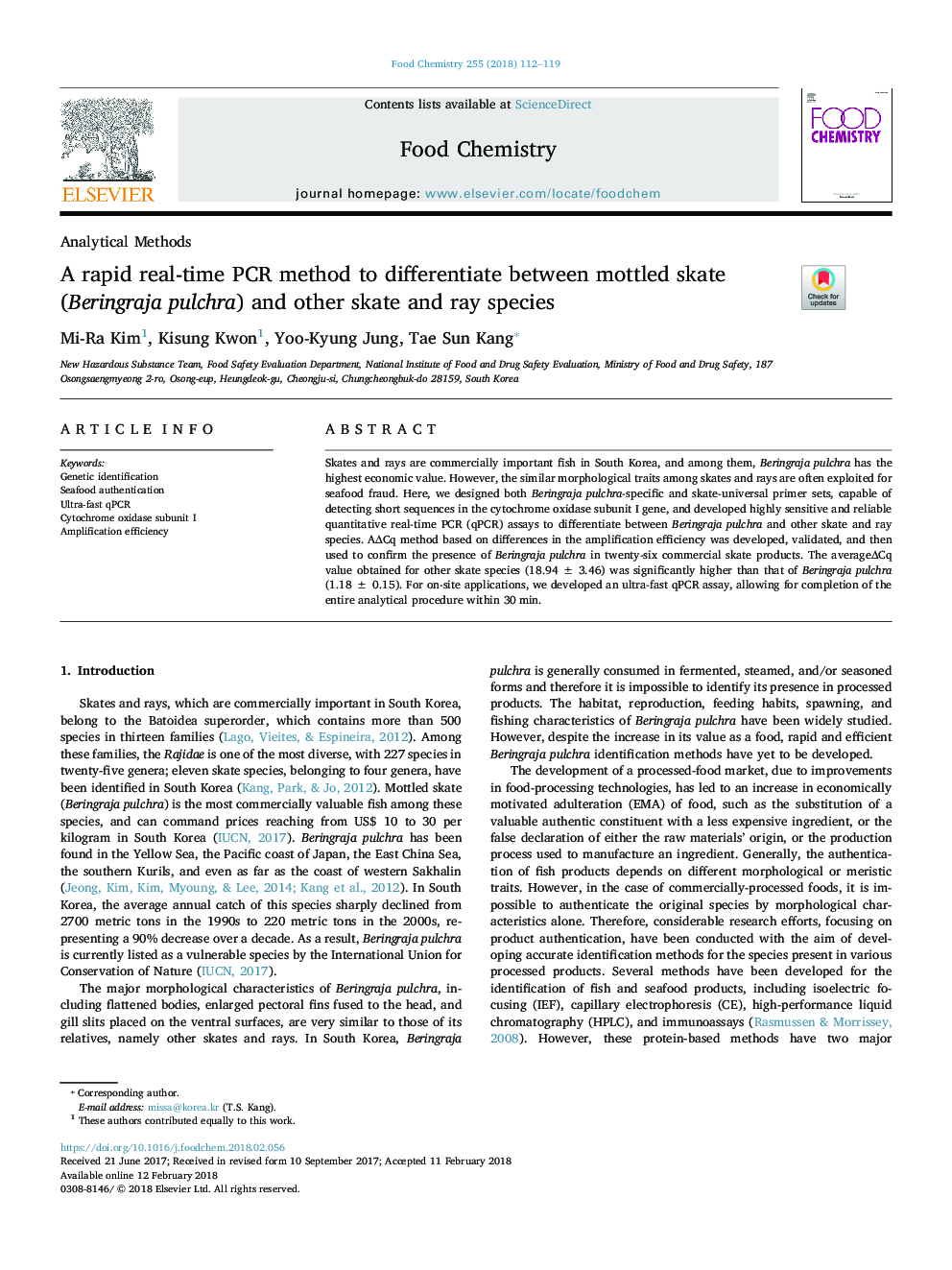 A rapid real-time PCR method to differentiate between mottled skate (Beringraja pulchra) and other skate and ray species