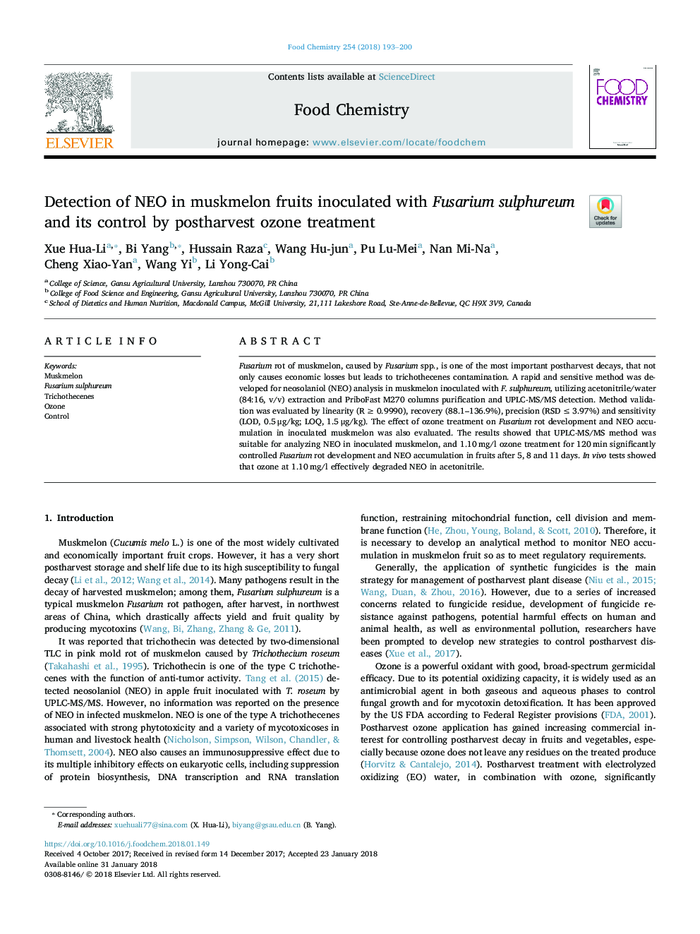 Detection of NEO in muskmelon fruits inoculated with Fusarium sulphureum and its control by postharvest ozone treatment