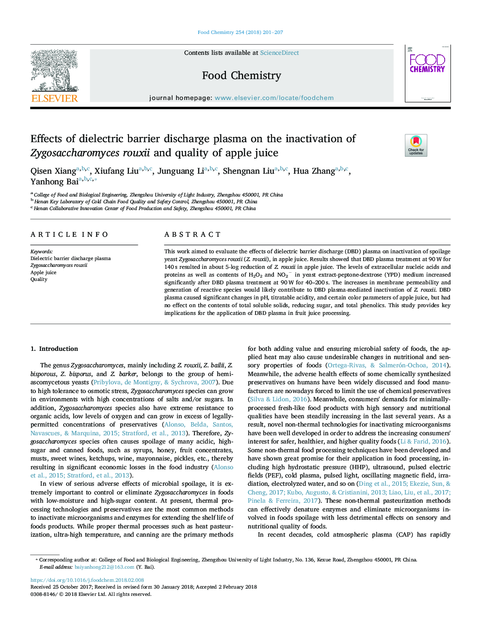 Effects of dielectric barrier discharge plasma on the inactivation of Zygosaccharomyces rouxii and quality of apple juice