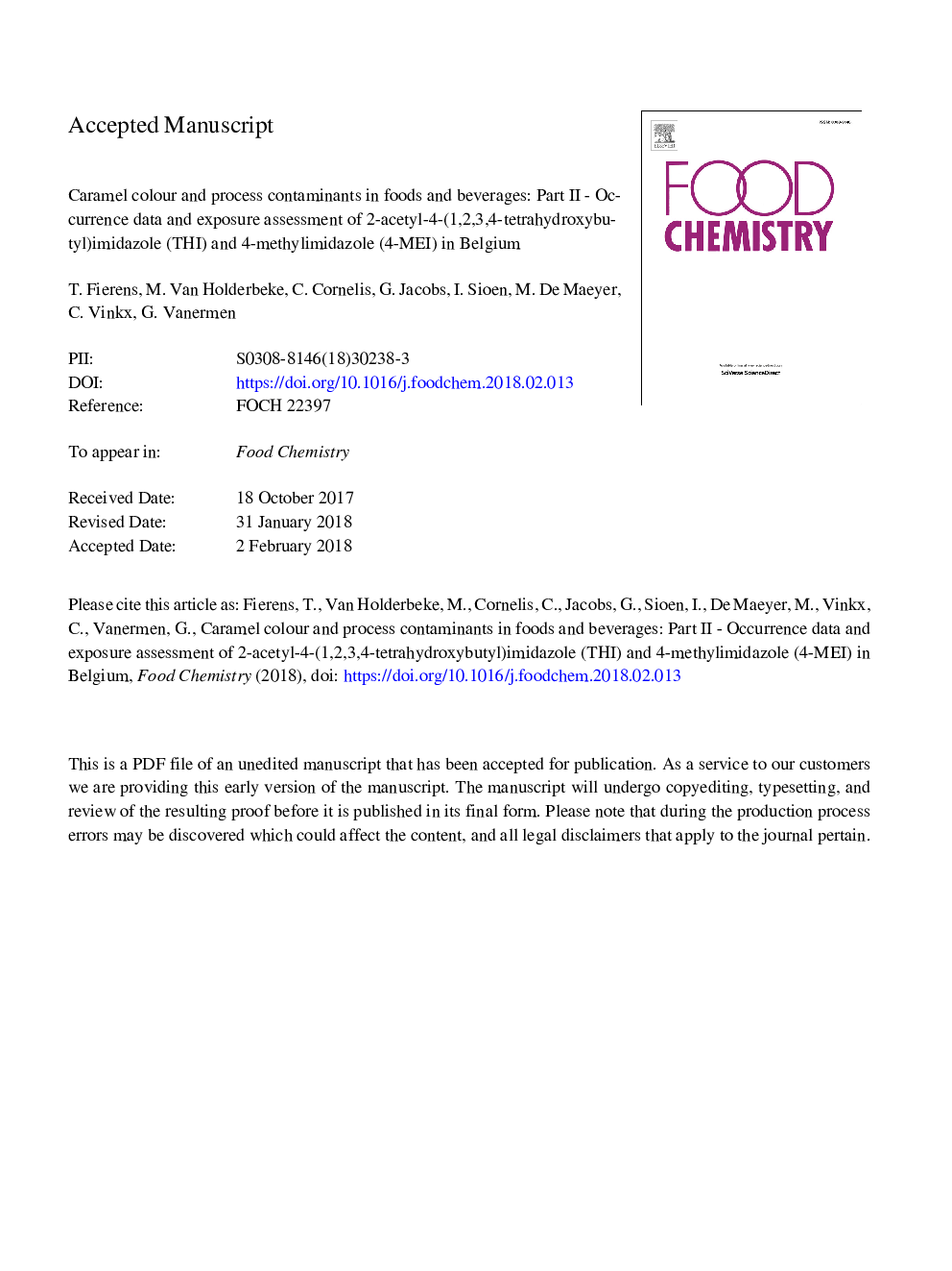 Caramel colour and process contaminants in foods and beverages: Part II - Occurrence data and exposure assessment of 2-acetyl-4-(1,2,3,4-tetrahydroxybutyl)imidazole (THI) and 4-methylimidazole (4-MEI) in Belgium