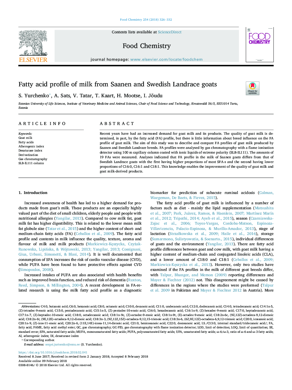 Fatty acid profile of milk from Saanen and Swedish Landrace goats