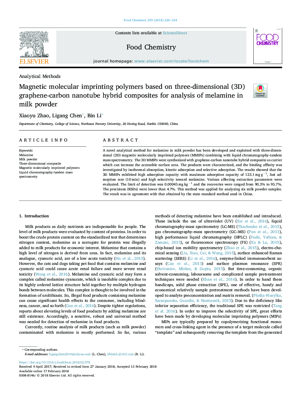 Magnetic molecular imprinting polymers based on three-dimensional (3D) graphene-carbon nanotube hybrid composites for analysis of melamine in milk powder