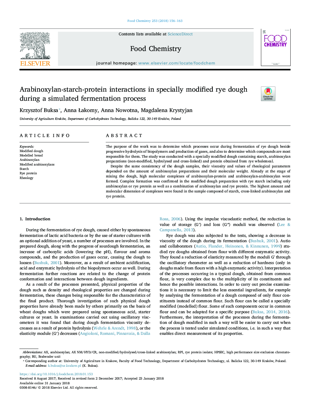 Arabinoxylan-starch-protein interactions in specially modified rye dough during a simulated fermentation process