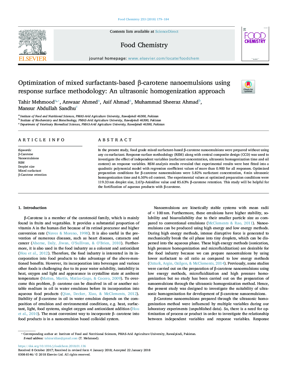 Optimization of mixed surfactants-based Î²-carotene nanoemulsions using response surface methodology: An ultrasonic homogenization approach