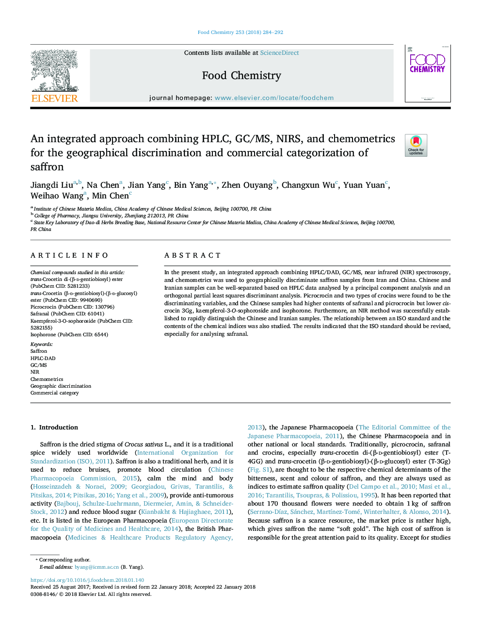 An integrated approach combining HPLC, GC/MS, NIRS, and chemometrics for the geographical discrimination and commercial categorization of saffron