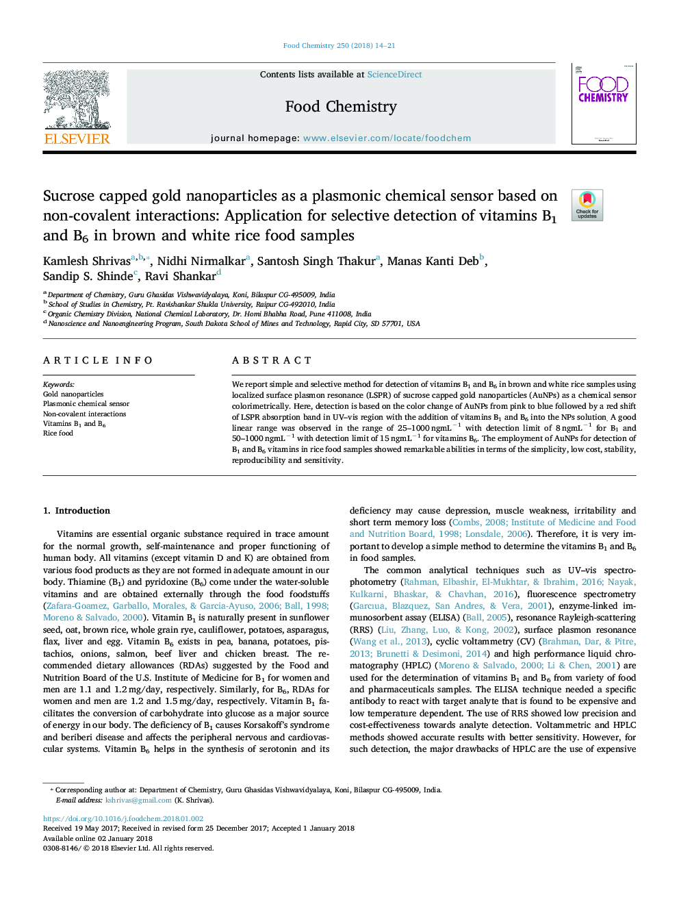 Sucrose capped gold nanoparticles as a plasmonic chemical sensor based on non-covalent interactions: Application for selective detection of vitamins B1 and B6 in brown and white rice food samples