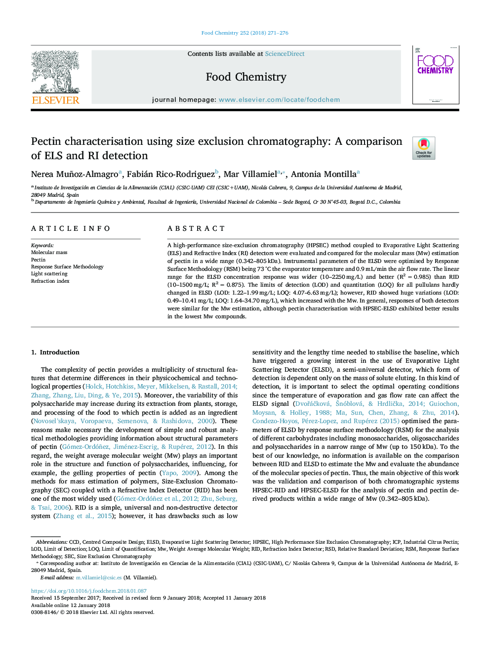 Pectin characterisation using size exclusion chromatography: A comparison of ELS and RI detection