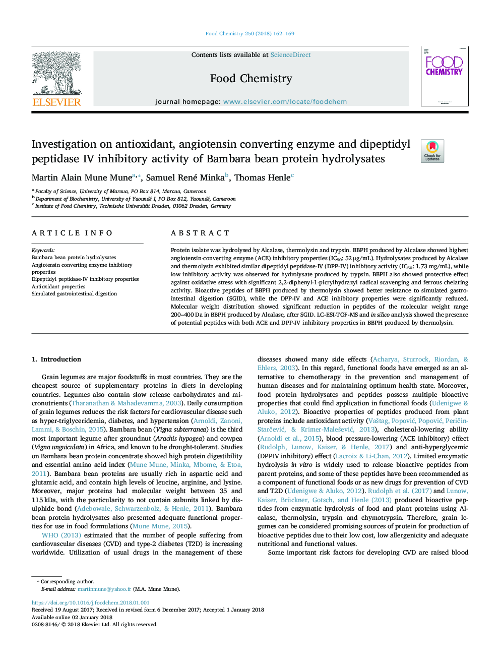 Investigation on antioxidant, angiotensin converting enzyme and dipeptidyl peptidase IV inhibitory activity of Bambara bean protein hydrolysates